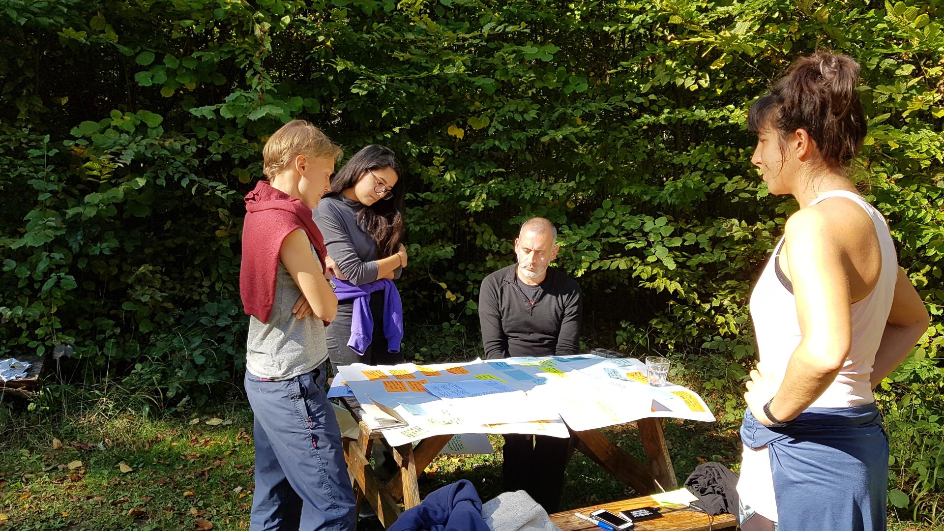 4 people standing in sunshine around a table looking at flip charts with post-its