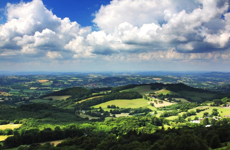 Landscape view of Malvern Hills with cloudy sky