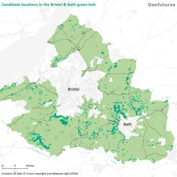 2000 candidate Hope Spot locations marked in green on map of Bristol and its environs