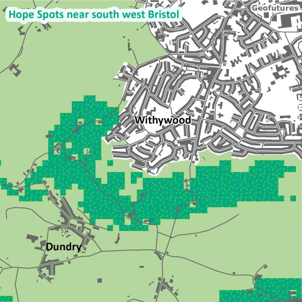 Close up map showing Dundry Hope Spot's location and proximity to designated residential area