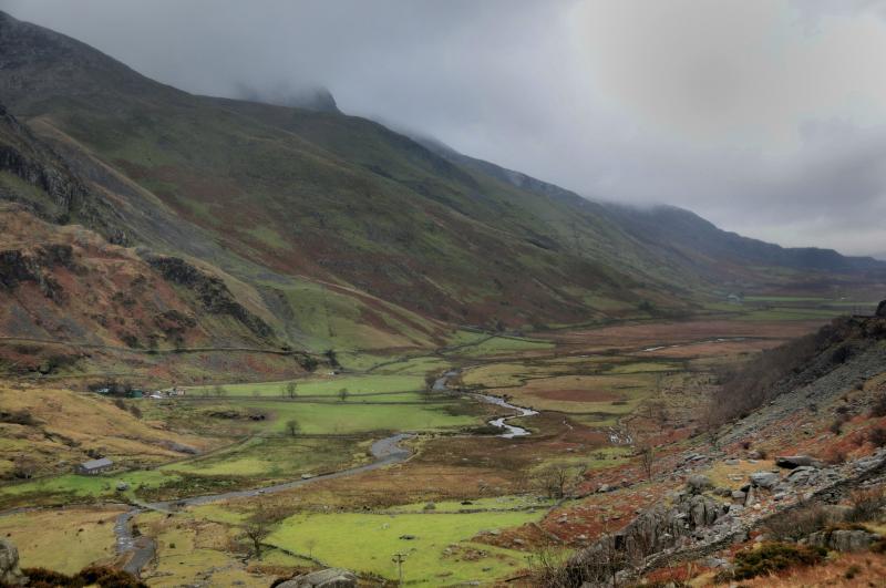 Looking down the Nant Ffrancon valley in the direction of Bethesda, North Wales from just below Llyn Ogwen on a moody day.