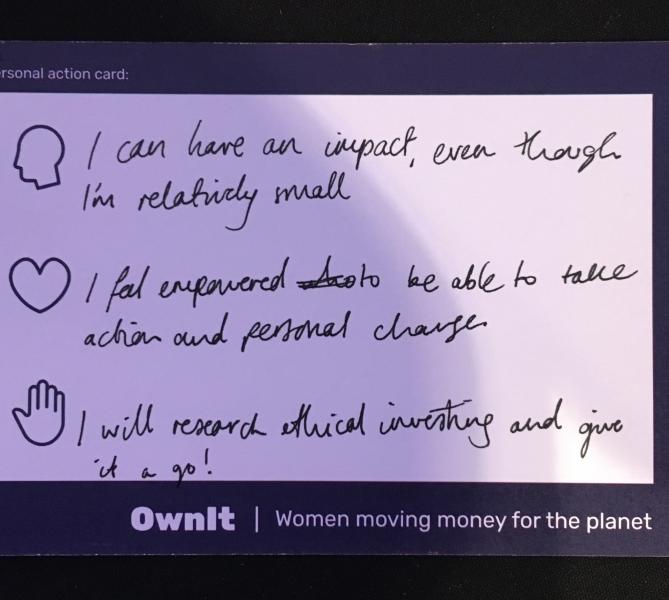 Hand written notes on a personal action card showing pledges made at OwnIt session