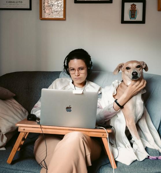 Woman sitting on sofa with laptop on her knees, large dog on its haunches beside her