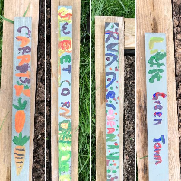 Row of hand painted info markers for community greening project in Bideford, Devon