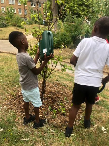 Mountford Growing Community - Two children watering sapling. Block of flats in background.