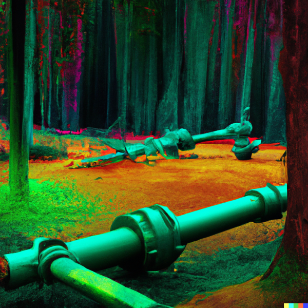 Colourful image of forest in Parnassus area of northern Greece in futuristic style featuring fossil exploration equipment. Generated by DALL-E.