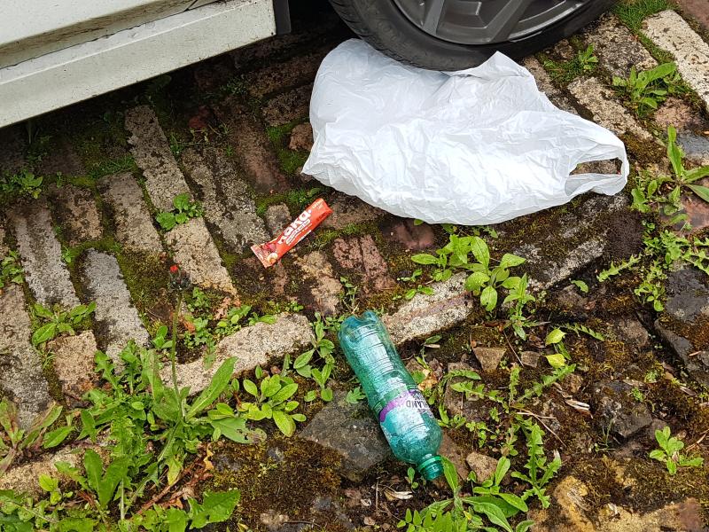 Plastic waste lying on brick path by car 