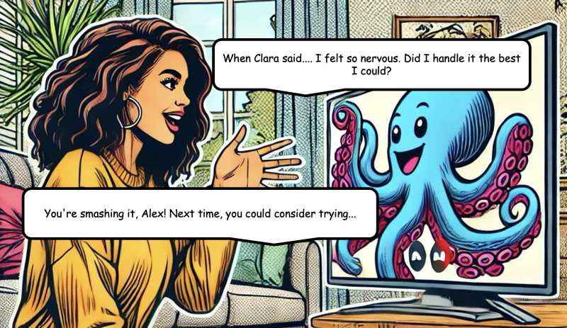 Woman talking to Octopus AI avatar in modern graphic novel style