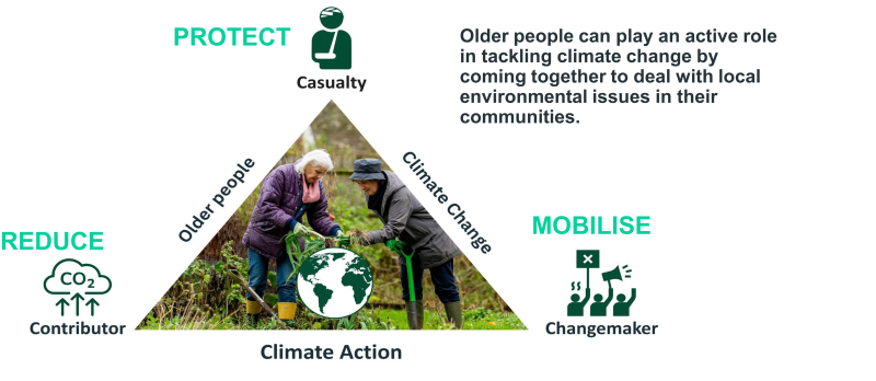 Graphic of a triangle depicting Reduce, Protect, Mobilise when thinking about an Ageing Population