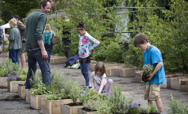 Man on left watching children about to add plants to a row of planters in front of them
