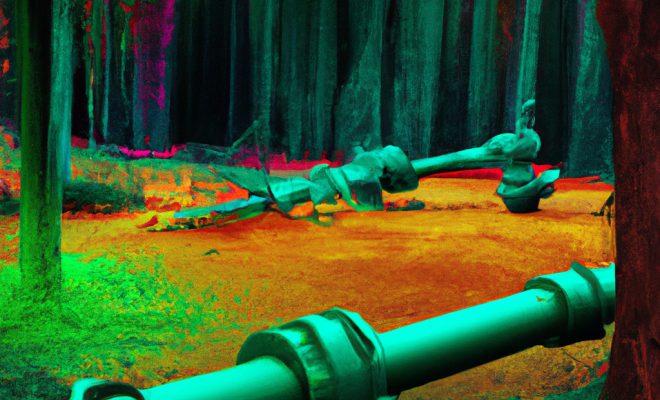 Colourful image of forest in Parnassus area of northern Greece in futuristic style featuring fossil exploration equipment. Generated by DALL-E.