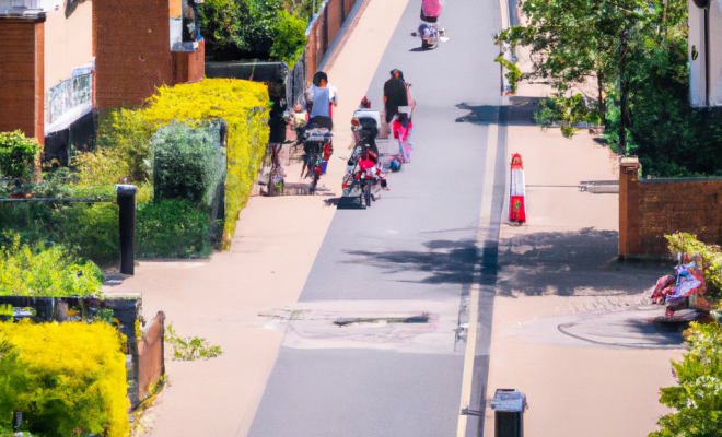 AI generated residential street scene with people on bicycles and no cars