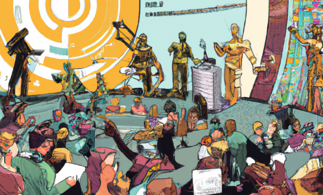 AI generated image showing humans and robots presenting at a conference