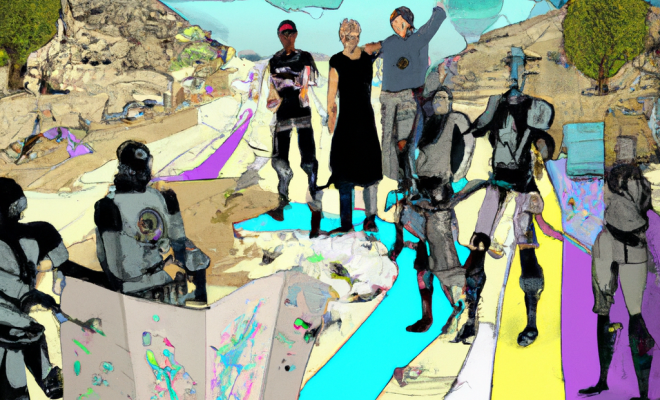 AI generated image of people and robots working together on a path leading to the future