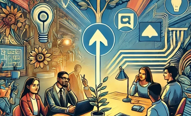 AI generated image of people around a table using tech to create ideas