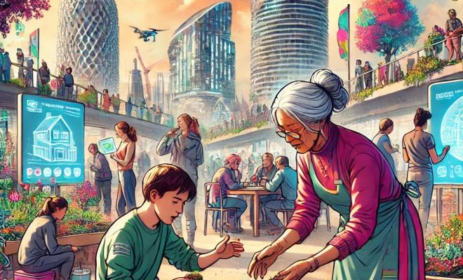 An elderly woman works on a community gardening project with a young man in a futuristic Sheffield
