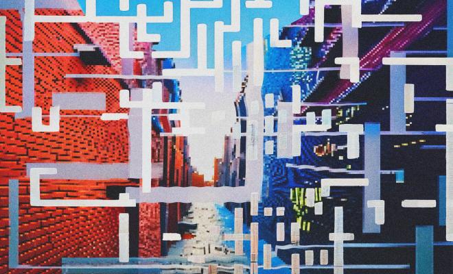 This image features 3 images of a street. Overlying the image are different shapes which are arranged to look like QR code symbols. These are in white/blue colours and intersect one another. The first image is clear, but the second is slightly more pixelated, and the final image is very pixelated. 