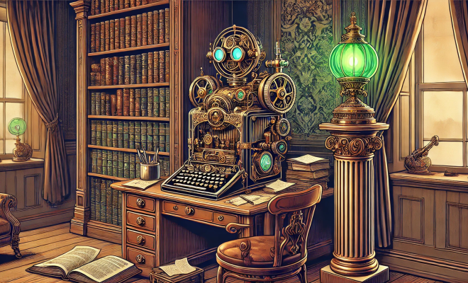 Fanciful image of Victorian AI machine in a room with Victorian furniture and features