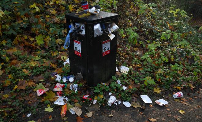 Overflowing rubbish bin beside a path
